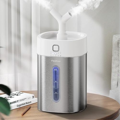 Feekaa Stainless Steel Humidifier Dishwasher Safe, 4L/1Gal Cool Mist Humidifiers for Bedroom, Easy Clean Humidifier Large Room, Humidifiers for Baby Nursery Living Room Office Plant, White