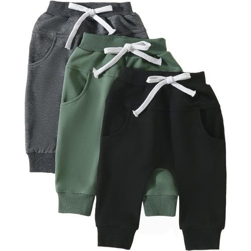 Toddler Baby Boy Fall Pants 3 Pack Active Jogger Casual Athletic Trousers Solid Color Pocket Elastic Waist Harem Bottoms