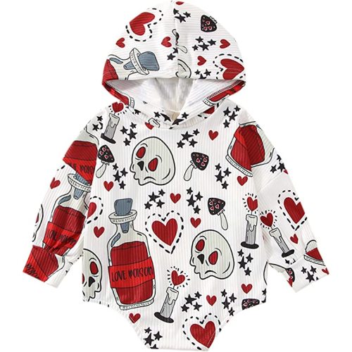 Halloween Outfit Infant Baby Girl Boy Hooded Sweatshirt Romper Onesie Ribbed Ghost Skull Flower Bodysuit Fall Playsuit - White Hearts