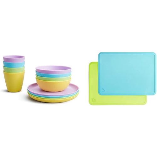 Munchkin® 12pc Baby and Toddler Feeding Supplies Set - Includes Plates, Bowls, and Cups & Spotless™ Silicone Placemats for Kids, 2 Pack, Blue/Green - 12pk Set + Bowls/Spoons
