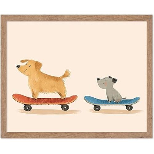 Poster Master Nursery Poster - Skateboarding Dogs Print - Fun Dog Wall Art - Playful Animal Art - Whimsical Nursery Wall Art - Boho Kid's Room or Playroom Decor - 11x14 Beige Framed