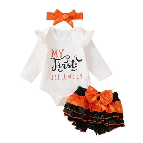 Odeerbi Baby Girls Outfits First Halloween Jumpsuit Romper with Tiered Bloomers Diaper Cover Set Cute Printed Long Sleeve Bodysuit with Headband Set Infant Clothes Orange