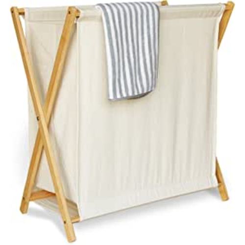 Bellglee Collapsible Bamboo Wood Laundry Hamper, Wooden X Frame Foldable Laundry Basket, Clothes Sorter Organizer with Linen Canvas Laundry Bag for Bedroom or Bathroom : Home & Kitchen