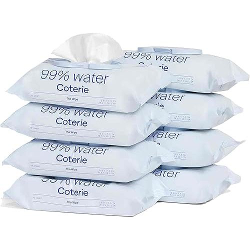 Coterie Baby Wipes for Sensitive Skin, Plant-Based and Plastic-Free Fibers, 99% Water, Hypoallergenic, pH Balanced, Unscented, Clean and Gentle Baby Essentials, 8 Pack, 448 Count