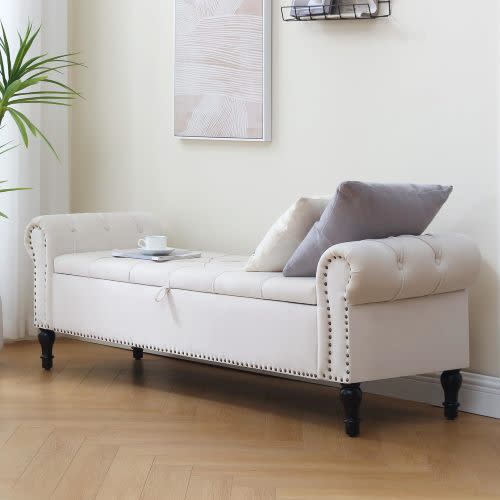 Velvet Storage Bench 67 Inch Upholstered Tufted Ottoman Bench with Arms Large Storage Space End of Bed Bench for Bedroom Living Room Entryway Beige