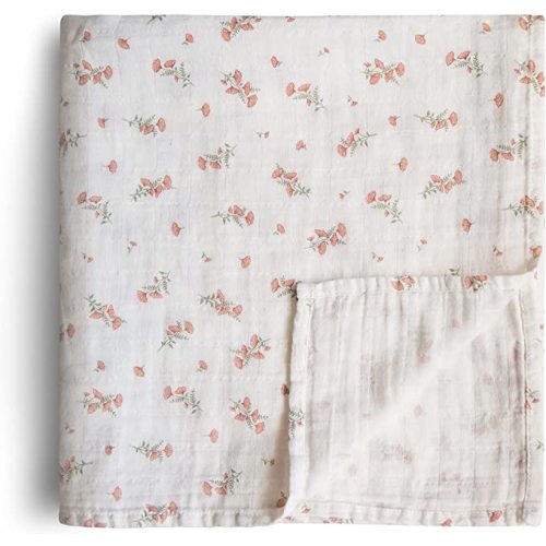 mushie Muslin Baby Swaddle Blanket | 100% Organic Cotton (Pink Flowers)