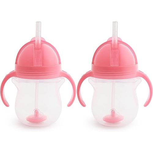 Munchkin Any Angle Sippy Cup for Toddlers, Weighted Straw Trainer Cup with Click Lock Lid, 7 Ounce, 2 Pack, Pink