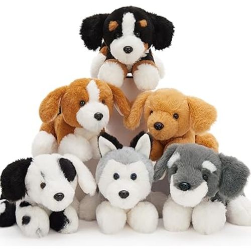 Tezituor 6 Pcs Bulk Stuffed Animals, Fluffy Assorted Stuffed Puppy Plush Toys for Kids, 11" Schnauzer, Husky, Bernese, Golden Retriever, Beagle, Spotted Dog Doll Set for Dog Themed Party Favors Gift