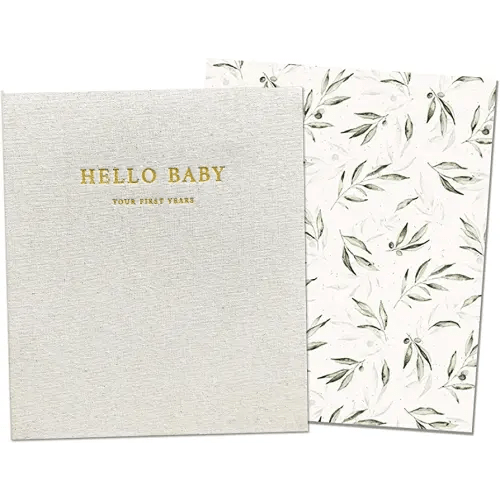 Peachly Unisex Baby Memory Book | Minimalist First Year Keepsake for Milestones | Simple Scrapbook Baby Books for Boy or Girl | 60 Pages Natural Linen - Olive