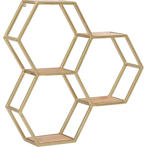 Powell Dealya Gold Metal Honeycomb Wall Shelves with Wood Shelves