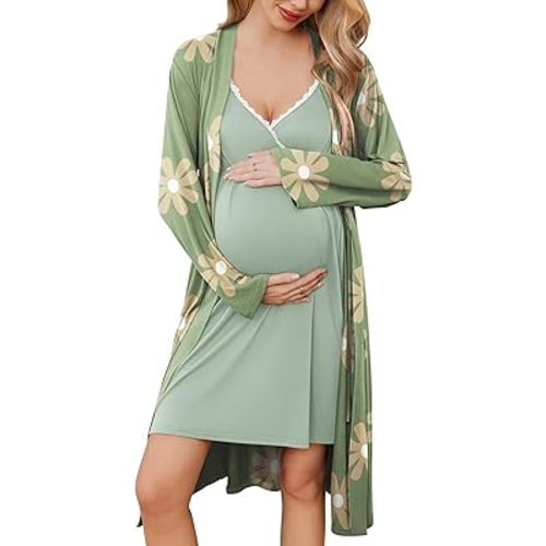 Ekouaer Womens Maternity Nursing Gown and Robe Set Labor Delivery Nuring Nightgowns for Hospital Breastfeeding Robes