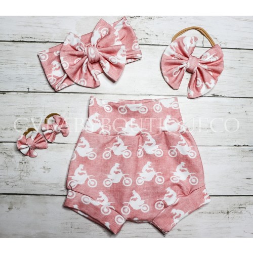 Baby Girls Dirt Bike Pink Bummie Bow Head Band, Toddler Girls Dirt Bike Outfit Bloomers, Girls Pink and White Dirt Bike Motocross Outfit