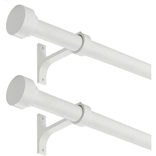 2 Pack Heavy Duty 1 Inch Diameter Single Curtain Rods 36-72” Adjustable Window Curtain Rod with Aluminum Alloy Cylindrical Cap Finials, Wall Mount and Ceiling Mount, Matte White