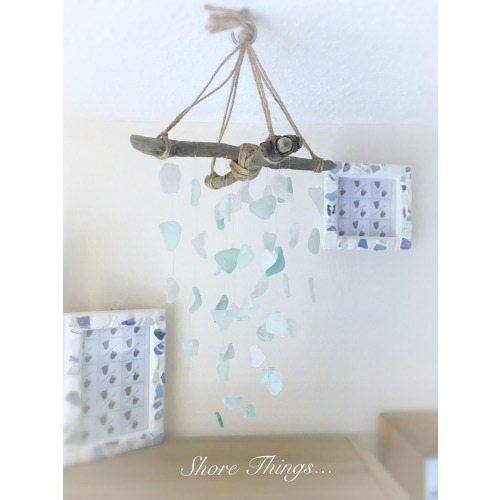 Sun Catcher Mobile Nautical Sea Glass And Driftwood Surf Tumbled Marine Theme Beach Style Natutal Decor Blues Neutral Tones Wind Chime