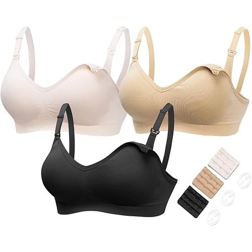HOFISH Maternity Nursing Bras for Breastfeeding, 3 Pack Pregnancy Deep V Neck Wireless Bra with Extenders & Clips