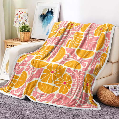 Boho Abstract Colorful Floral Throw Blanket, Vintage Retro Patchwork Orange Pink Flower Botanical Geometric Aesthetic Groovy Flannel Throw Blanket for Chair Bed Sofa Couch, 60X90IN