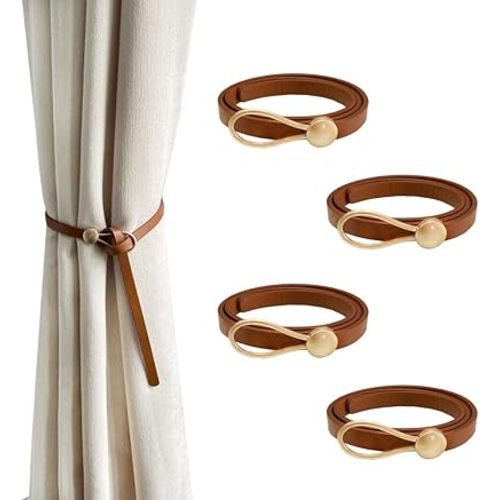 Leather Curtain Tie Backs, 4 Piece Minimalist Leather Drapery Tiebacks, Window Treatment Holdbacks, Housewarming Gift, Modern Home Decor Accessories (Brown)