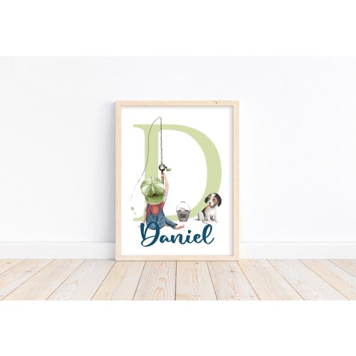 Personalized Monogram Watercolor Little Boy Fishing with his Dog Nursery or Little Boys Room Unframed Print, Rustic Outdoor Themed Decor