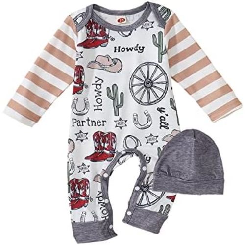 BOUTIKOME Infant Baby Boy Outfit Retro Cowboy Partner Howdy Graphic Romper Newborn Onesie Jumpsuit Hat 2Pcs Set