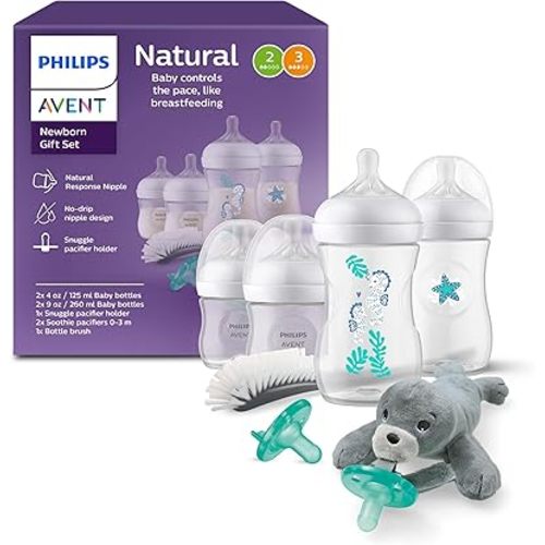 Philips Avent Natural Baby Gift Set, Bottles with Natural Response Nipples, 2X 4oz (Slow Flow, Flow 2) & 2X 9oz (Medium Flow, Flow 3), with Seahorse & Starfish Design, 2X Soothie Pacifiers, SCD838/06