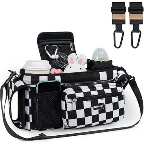 TOPDesign Universal Baby Stroller Organizer, Stroller Caddy with Heightened Insulated Cup Holders & Non-Slip Secure Hooks Accessories, Fits Most Strollers, Machine Washable (Checkerboard)