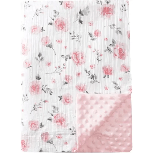 david's kids Muslin Baby Blanket for Girls, Soft Lightweight Blanket with Muslin Cotton Front, Dotted Fleece Backing, Breathable Receiving Blanket for Newborns, 30x40 Inches, Floral