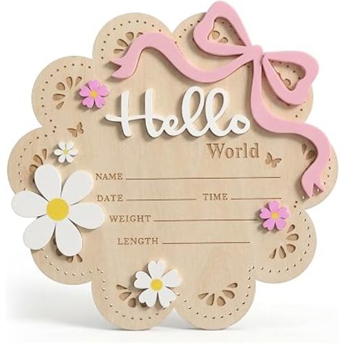 Nogeqi Baby Name Announcement Sign Wooden Hello World Newborn Sign with Pink Bow Cloud Shape Floral Birth Announcement Signs for Hospital Nursery Photo Props Shower