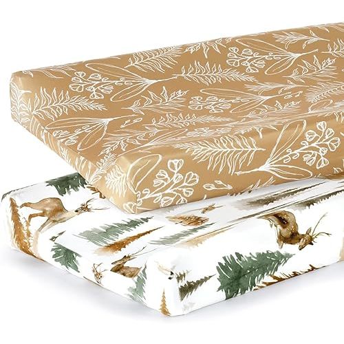 GRSSDER Stretch Ultra Soft Jersey Knit Changing Pad Cover Set 2 Pack, Change Table Pad Covers Fit 32"/34" x 16" Pads Safe and Snug, Stylish Jungle Deer Pattern for Baby
