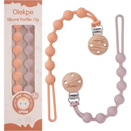 Pacifier Clips for Baby Boys Girl - 100% Food Grade Silicone, One Piece Pacifier Clip Holder, Wooden Clips Design, Paci Clip Soothe Baby Binky Holder for Shower Birthday Gift (Muted+Dusty Lilac)