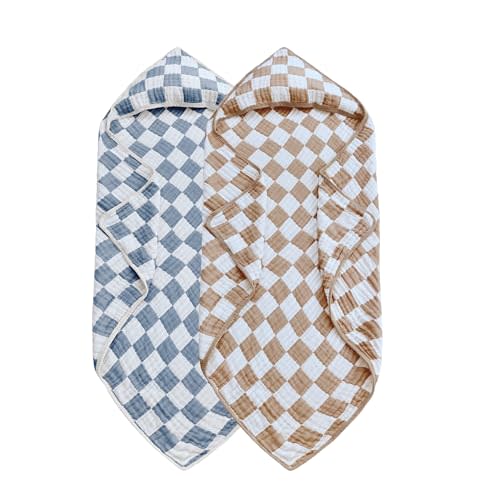 Brnabiou Ultra Soft Checkered Muslin Hooded Baby Towels for Newborn Boys and Girls 2 Pack 32x32 inch Cotton Muslin Baby Bath Towels for Newborns Toddlers,Newborn Essential (Blue and Coffee)