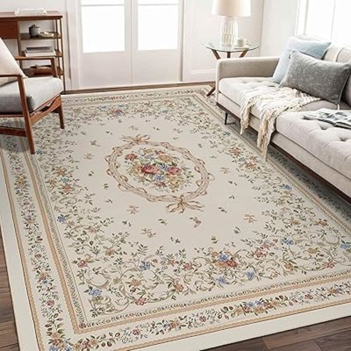 Area Soft Rugs 5'3"x7'6" Washable Non Slip Floor Floral Rugs for Living Room Bedroom, Vintage Style Farmhouse Mat for Kitchen Entryway Beige Flowers
