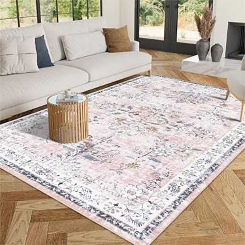 LIVEBOX Machine Washable 5x7 Rug, Pink Rugs for Bedroom Girls, Soft Boho Floral Nursery Rug, Non-Slip Indoor Ultra-Thin Floor Carpet Area Rug for Kid Room Living Room Dorm, Blush/Pink