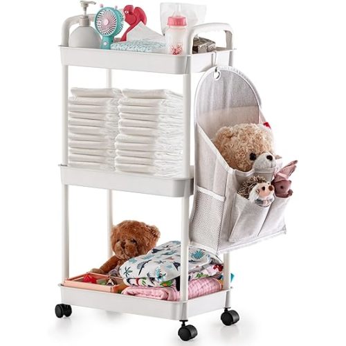 Barydat Set of 3 Tier Rolling Cart with Hanging Diaper Caddy Organizer, Roller Book Snack Baby Diaper Bedside Cart, Utility Storage Organizer Trolley for Baby Nursery, Kitchen, Bathroom, Office(White)