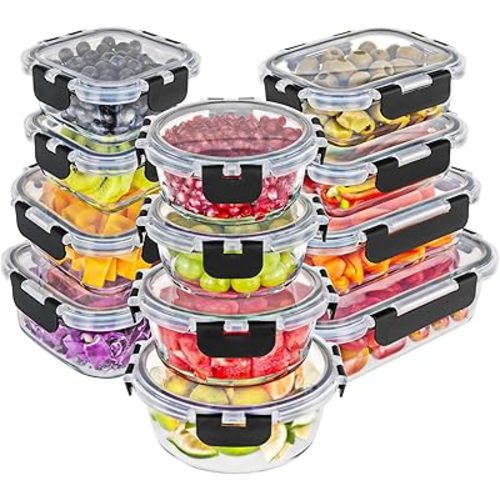 Magic Mill Premium Borosilicate Glass Food Storage Containers with lids Set | 24pc Sets with 12 Bowls & 12 Airtight Locking Lids for Lunch & Meal Prep, Safe for Oven, Freezer, Dishwasher, BPA-Free