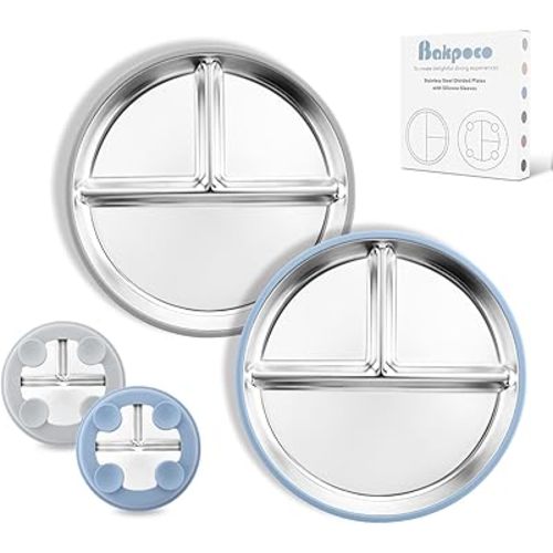 8" Stainless Steel Toddler Plates with Suction, Divided Plates with Removable Silicone Sleeves for Baby, Non Toxic & BPA Free |Unbreakable |Dishwasher Safe Dinnerware Set of 2, Blue & Gray