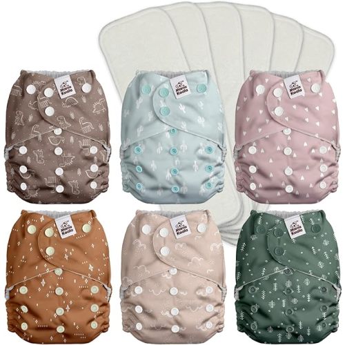 Mama Koala 2.0 Cloth Diapers for Babies with Suede Cloth Lining, 6 Pack with 6 4-Layer Natural Cloth Diaper Inserts - Reusable and Washable Pocket Diapers (Simply Neutral)