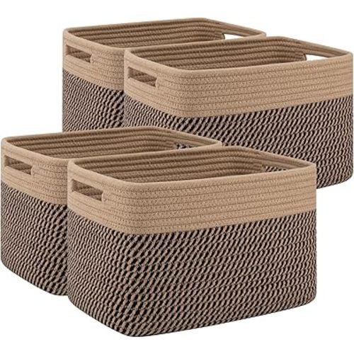 4 Pack Storage Baskets for Organizing, Woven Baskets for Shelves - Perfect for Toys, Books, Towels, and Clothes, Durable Gift Basket Bins Toy Storage, 12.7''L x9''W x7.8''H, Black and Brown