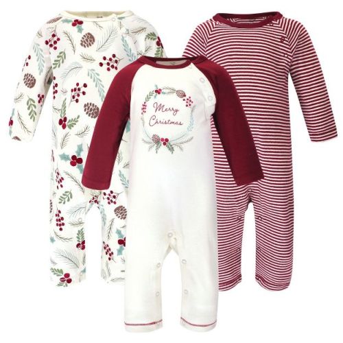 Touched By Nature Baby Girl Organic Cotton Coveralls 3pk, Holly Berry, 6-9 Months