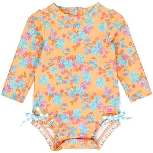 RuffleButts Baby Girls UPF 50+ Sun Protection Floral Printed Long Sleeve One Piece Rash Guard Swimsuit with Zipper