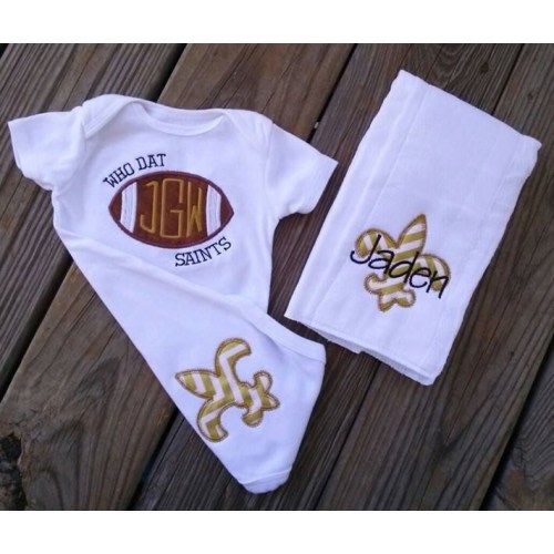 Football team New Orleans saints who dat or Geaux Tigers Louisiana paw print baby gift set body suit and matching burp diaper fleur de lis