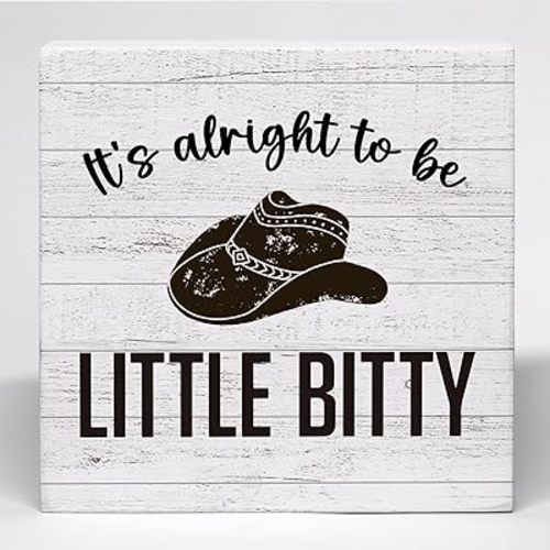 Western Cowboy Wood Box Sign, Cowboy Western Nursery Desk Decor, It’s Alright to be Little Bitty Retro Western Wooden Box Block Sign for Home Office Boys Room Shelf Decoration 6X6 Inch