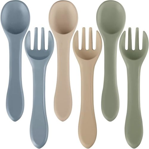 Nuenen 6 Pieces Silicone Baby Feeding Forks and Spoons Set Hot Safety First Stage Self Feeding Supplies Mini Kids Utensils for over 6 Months Babies Boy Girl Toddlers First Foods (Nature Color)