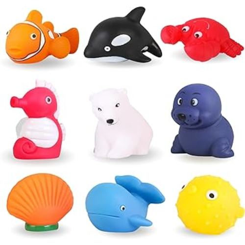 XY-WQ Bath Toys None Hole, for Infants 6-12& Toddlers 1-3, None Hole Bathtub Toys (Sea Animals, 9 Pcs with Mesh Bag)