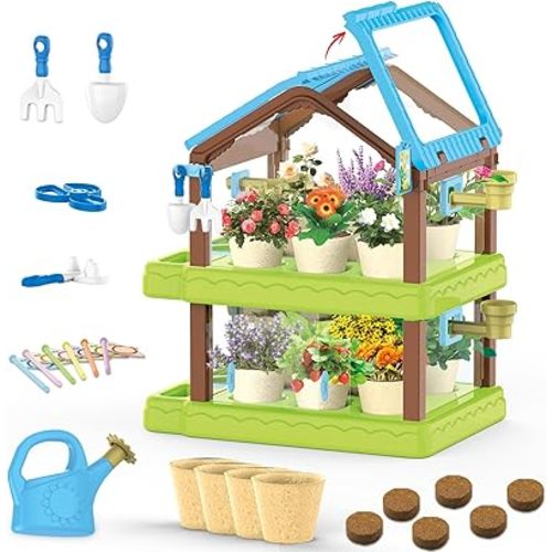 Mostop Kids Gardening Kit Greenhouse Growing Terrarium Kit, Kids Plant Growing kit, Kids Gardening Set with Garden Tools, Watering Can, Educational Creative Thinking Toddler Gardening Set for Kids