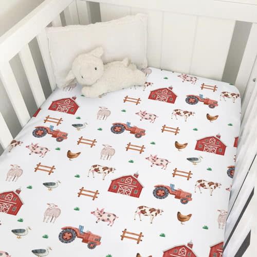 Watercolor Farm Animals Baby Crib Sheet 52''x28'' Farmhouse Barn Chicken Pig Duck Tractor Fitted Crib Mattress Sheet Covers for Boy Girl Baby Nursery Bed Sheets for Standard Crib Mattress