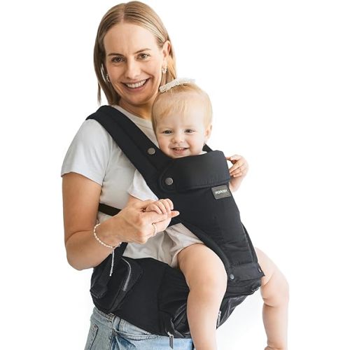 Momcozy Baby Carrier with Hip Seat, 2-in-1 Detachable Infant Hip Seat Carrier for Toddlers up to 44lbs, All-Season for Hands-Free Carrying, Fits Waist Sizes up to 47 Inches for Mom & Dad, Black