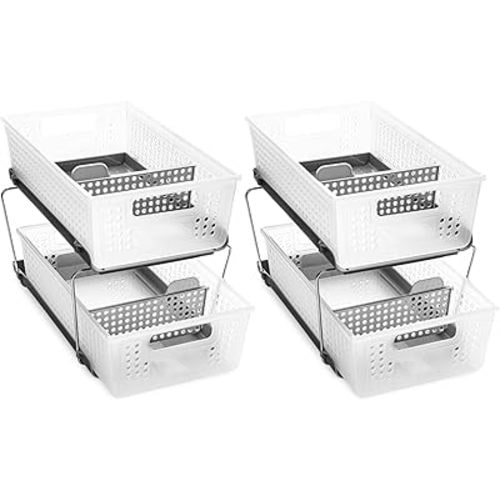 madesmart Stackable 2-Tier Organizer, 2 Pack, Multi-Purpose Slide-Out Storage with Extra Set of Legs, Handles and Dividers for Home and Bath, BPA Free, Frost 2 PACK