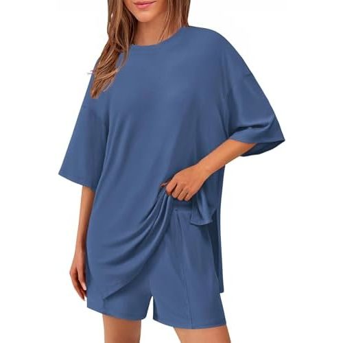 KIRUNDO 2 Piece Sets for Women Summer Lounge Sets Casual Oversized Tshirts Shorts Matching Airport Travel Outfit Postpartum