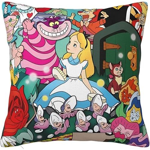 Alice Fairy Throw Pillow Case Wonderland Cute Cartoons Square Throw Pillow Case, Cushion Cover with Hidden Zippe for Couch Sofa Home Bed Decoration 18"x18"