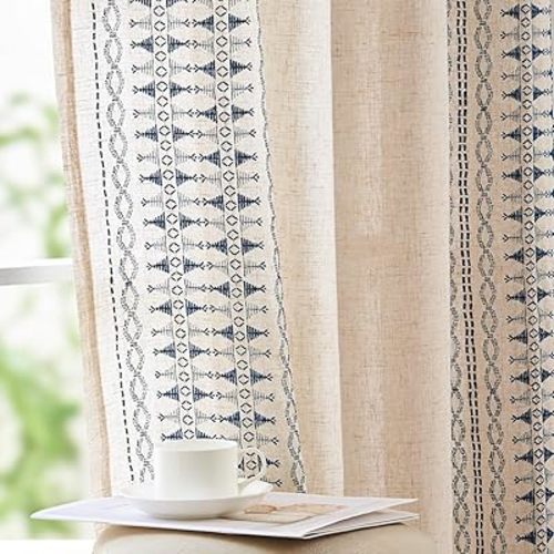 jinchan Boho Curtains for Bedroom Linen Blend Window Curtains Embroidered Bordered Drapes for Living Room 96 Inch Length 2 Panels Bohemian Light Filtering Grommet Window Treatments Blue on Beige